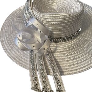 Elegant Women's Rhinestone Trim White Satin Church Hat